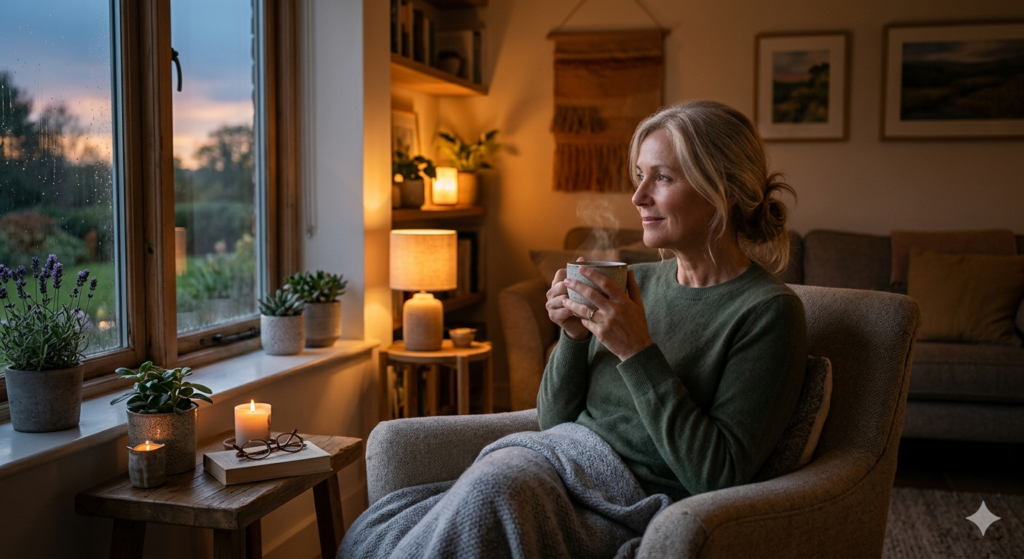 Middle-aged woman enjoying herbal tea at dusk to inspire sleep naturally