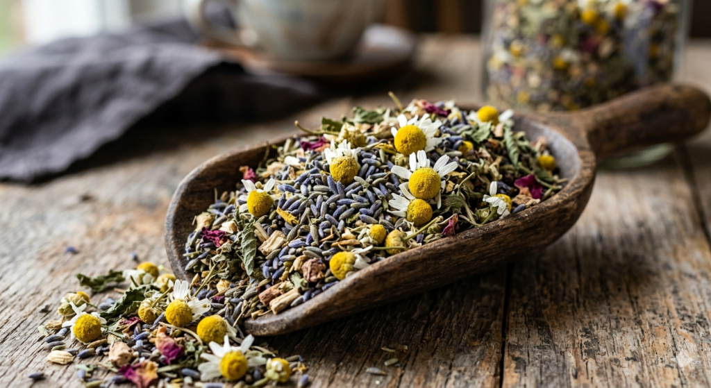 Lavender and chamomile herbal tea blend for sleep