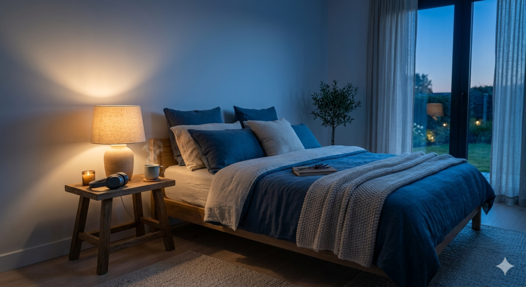 Minimalist bedroom sanctuary with tea and headphones for sleep meditation