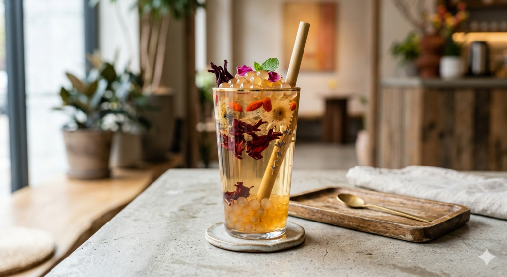 Premium healthy bubble tea with hibiscus herbal base and goji berries