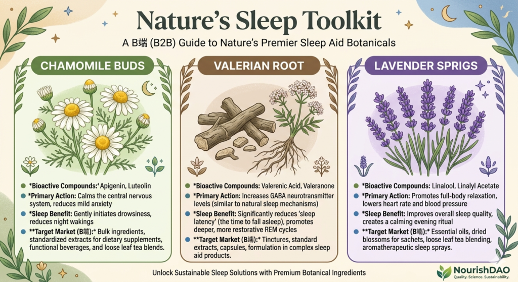 Infographic of best herbal tea for deep sleep including chamomile and valerian root