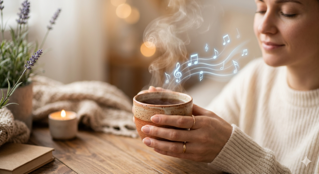 Mindful tea drinking ritual paired with 432Hz meditation music for sleep