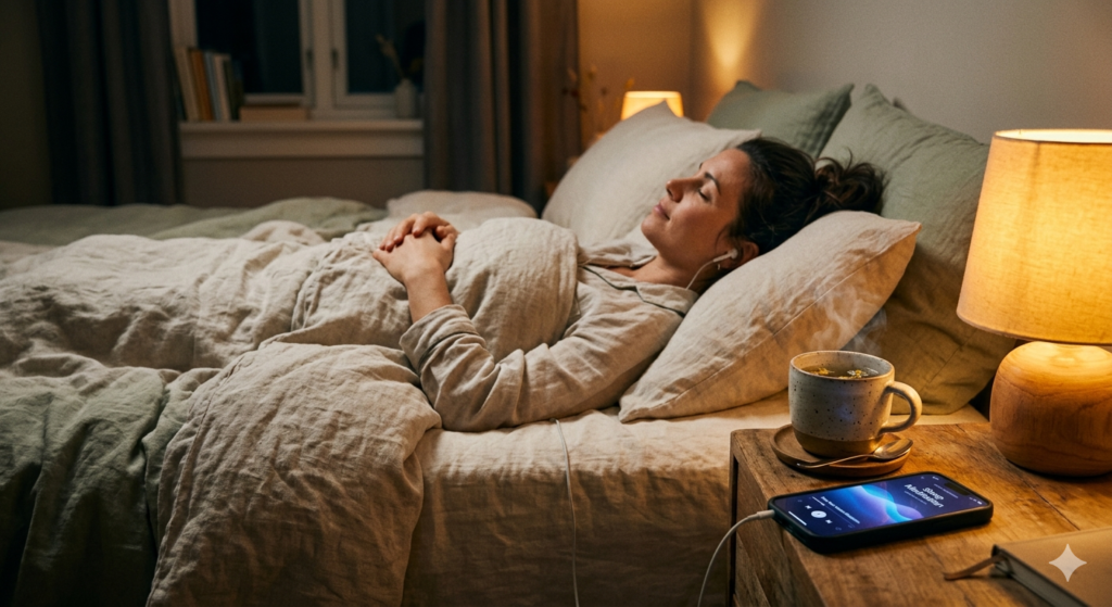 Guided sleep meditation and herbal tea setup