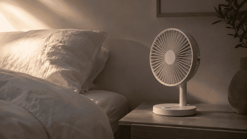 A small white desk fan on a nightstand beside a bed in a dim bedroom, representing a practical tool for cooling the sleep environment at night