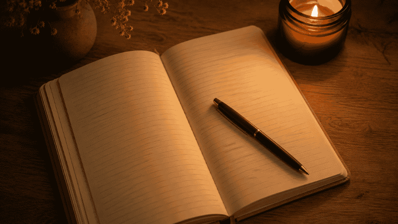 An open journal on a wooden desk at night with a pen resting on the page, soft candlelight, calm bedtime journaling for sleep and anxiety relief