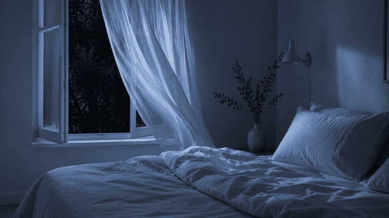 A cool, dark, minimal bedroom at night with white linen bedding and a slightly open window, representing the ideal sleep temperature environment
