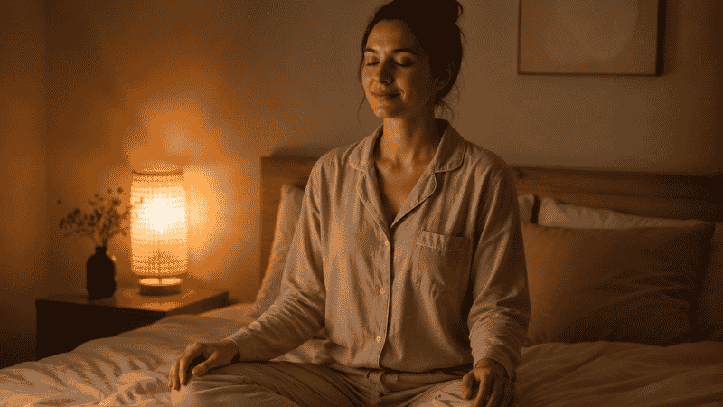 A person sitting calmly on a bed in dim light, hands resting on knees in a relaxed breathing position, soft warm lighting, evening atmosphere