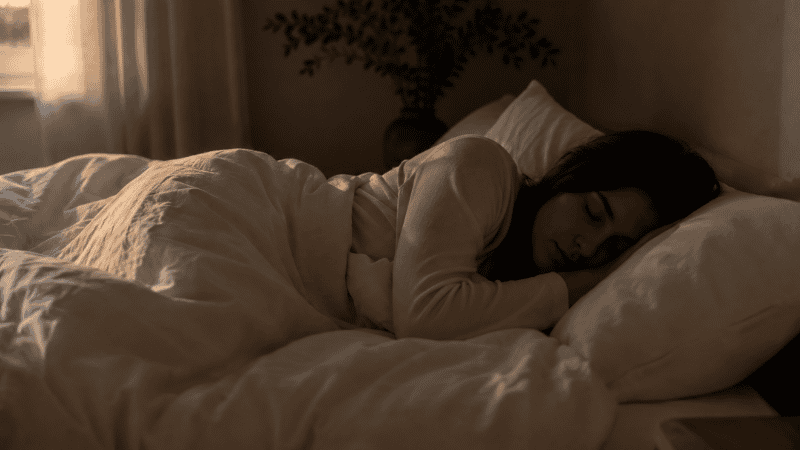 A person sleeping soundly in a dark calm bedroom with white linen, representing the result of a consistent and well-established sleep schedule