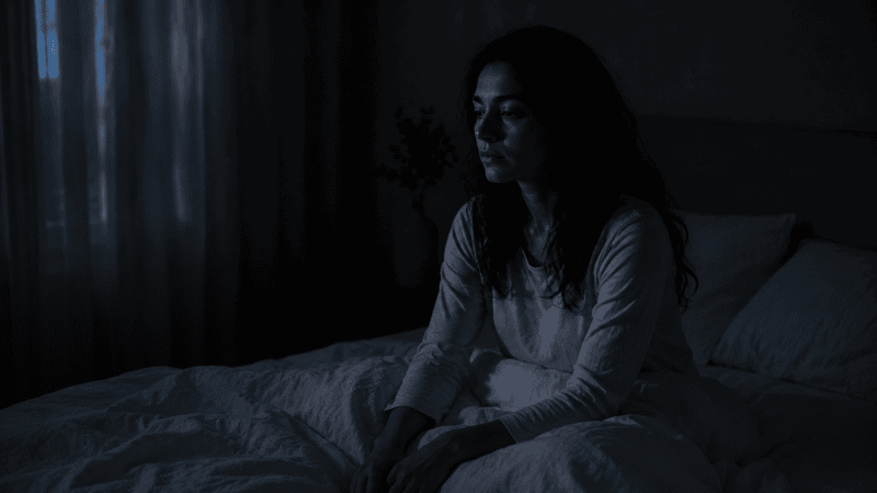 A person sitting up in bed in the dark, hands resting on knees, awake and tense at night, representing stress-driven early morning waking