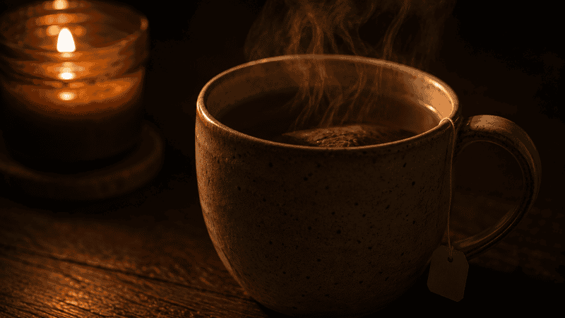 A warm cup of herbal tea steaming gently on a dark wooden surface in dim nighttime lighting, representing a calming activity after waking at 3am