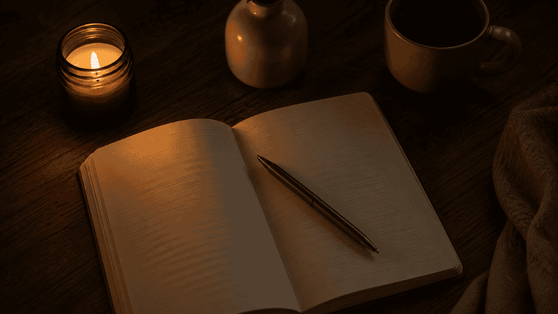 An open journal and pen on a wooden surface in dim nighttime lighting, representing writing down thoughts at 3am to calm a racing mind and return to sleep
