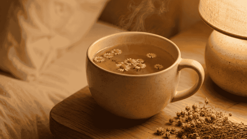 A warm cup of chamomile herbal tea on a wooden nightstand beside a dim lamp, soft evening light, cozy sleep-supportive environment