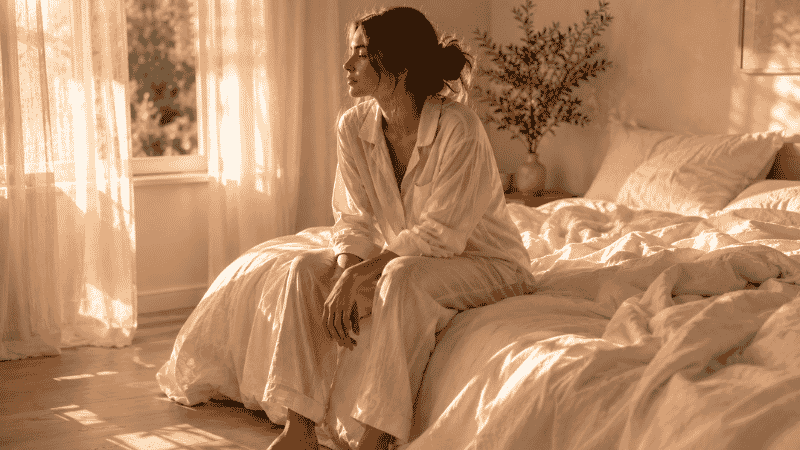 A person sitting on the edge of a bed in the early morning light, looking tired but awake, representing the effort of fixing a broken sleep schedule