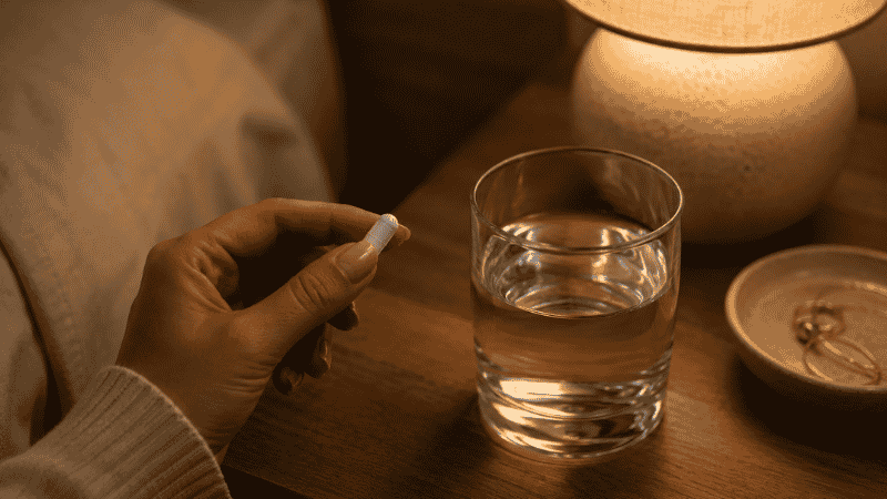 A woman's hand holding a magnesium glycinate capsule with a glass of water on a nightstand before sleep, warm bedside lamp in background