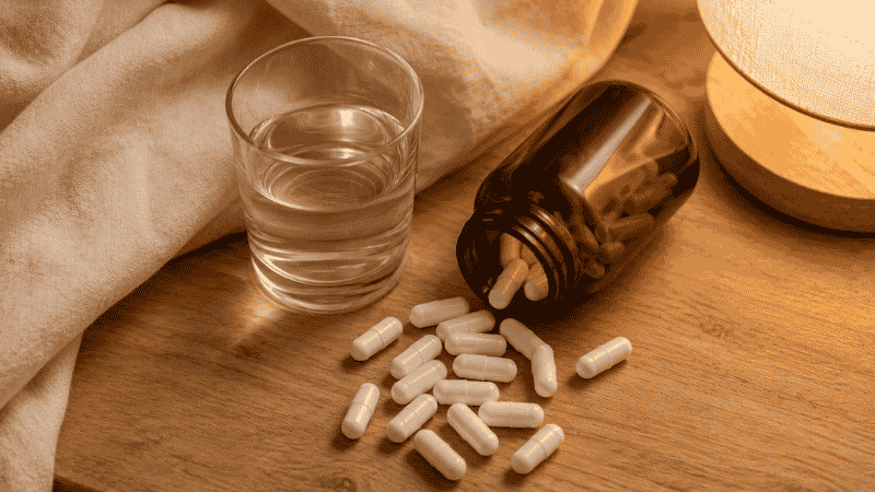 Magnesium glycinate capsules beside a glass of water and a dim bedside lamp, representing a natural sleep supplement routine