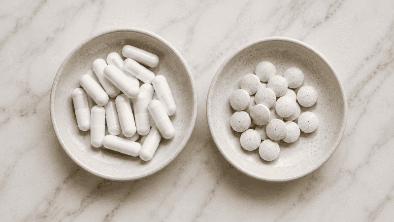 Side-by-side visual of magnesium glycinate capsules and melatonin tablets representing two different natural sleep supplement options