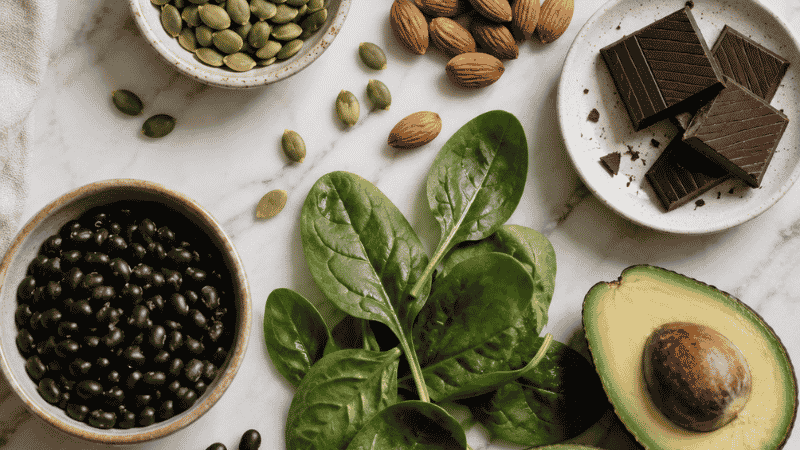 A flat lay of magnesium-rich foods including pumpkin seeds, almonds, dark chocolate, spinach, and black beans on a light background