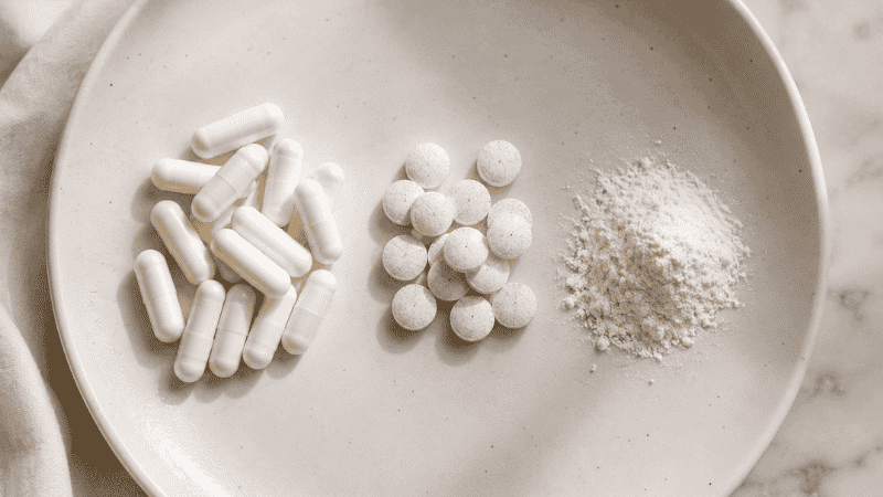 Different forms of magnesium supplements — capsules, tablets, and powder — arranged on a clean white surface for comparison