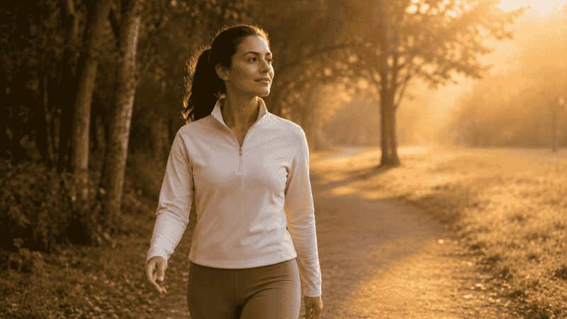 A woman walking outdoors in soft morning light, representing daytime exercise that supports deeper sleep at night