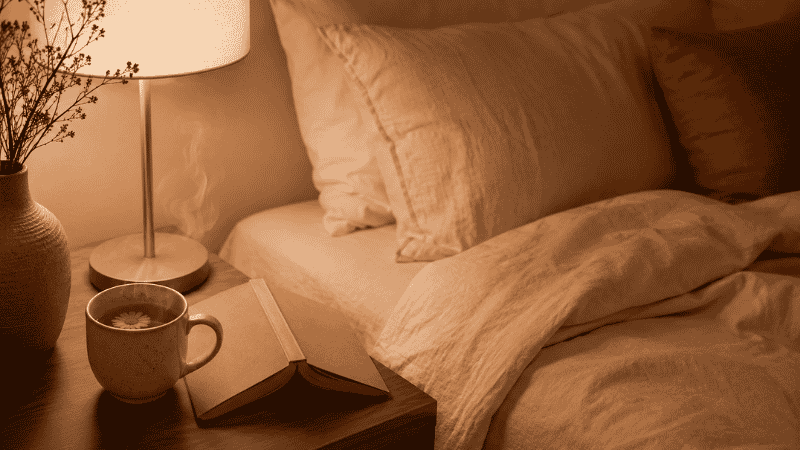 A softly lit bedroom at night with a warm lamp, a cup of herbal tea, and an open book — the beginning of a calming night routine
