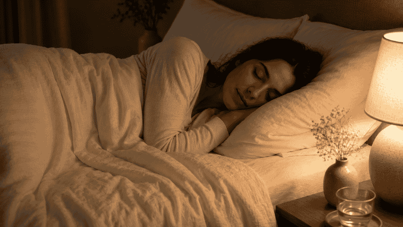 A person sleeping peacefully in a dimly lit bedroom with white linen, representing restful natural sleep supported by magnesium glycinate