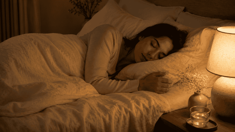 A person sleeping peacefully in a softly lit bedroom with white linen bedding, representing restful and natural sleep recovery