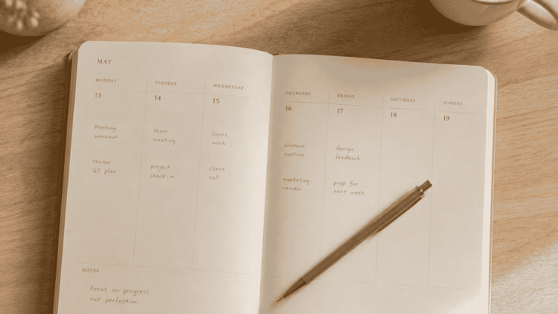 A minimal desk with an open planner showing two weeks marked, a pen, and a warm cup of coffee, representing a two-week sleep schedule reset plan