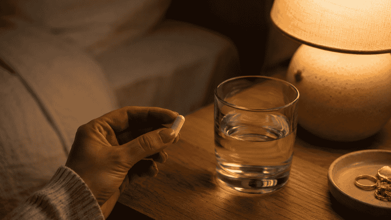 A person's hand holding a magnesium capsule with a glass of water on a nightstand before bedtime, soft warm lamp light in the background
