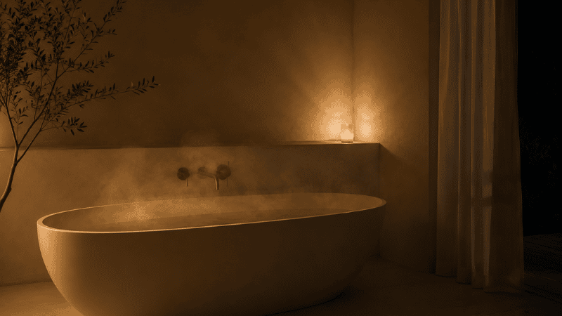A warm bath with steam rising gently in a softly lit bathroom, representing a pre-sleep warm bath taken 60 to 90 minutes before bedtime to lower core body temperature