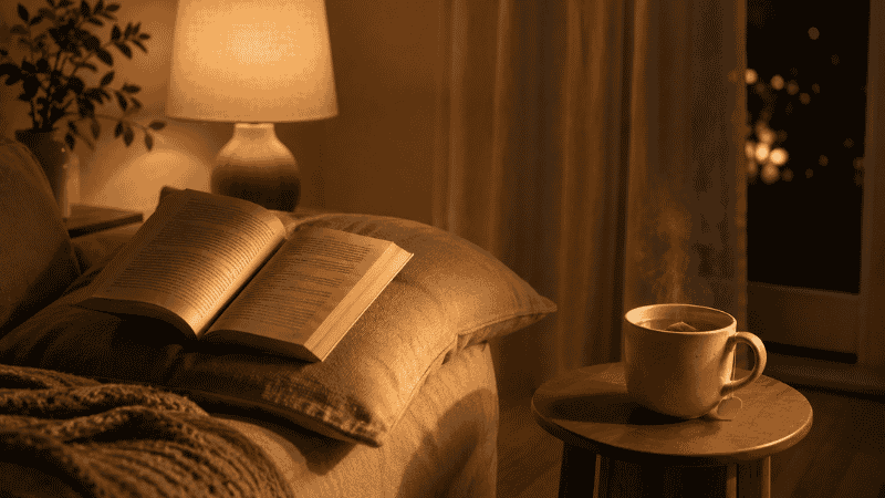 A dimly lit living room in the evening with a warm lamp, a book, and a cup of herbal tea on a side table, representing a calming wind-down routine before sleep