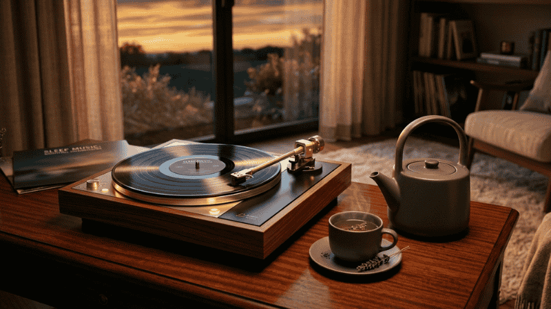 Luxury vinyl player and herbal tea setup for sleep music ritual