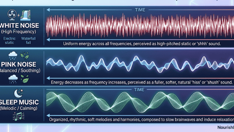 Comparison chart of white noise vs pink noise vs sleep music frequencies