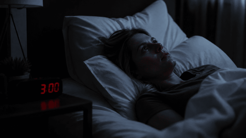 Person lying awake in bed at 3AM unable to sleep with only a few hours until morning