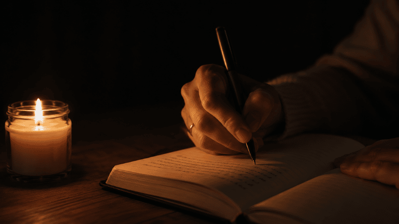 A hand writing in a journal by dim candlelight in the middle of the night, representing the brain dump technique for managing anxiety-driven 3am waking