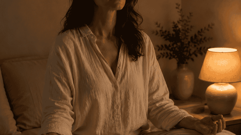 A person sitting upright in a calm dim room with eyes closed and hands resting on their knees, practicing slow breathing relaxation before sleep