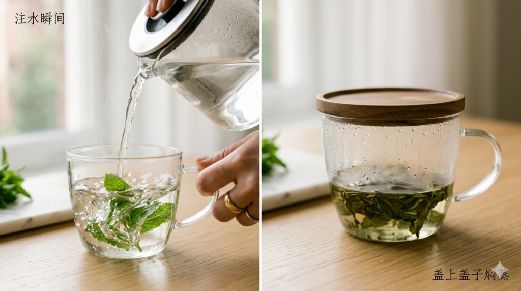 Correct steeping technique using a lid to preserve spearmint tea essential oils.