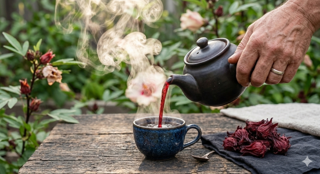 Pouring a fresh brew to enjoy the goodness of hibiscus tea.