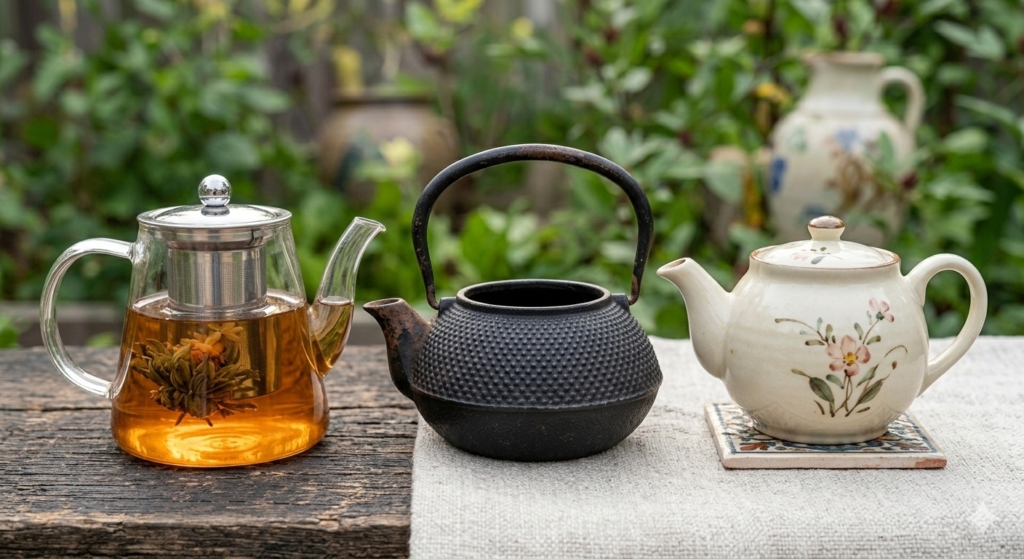 Comparison of glass teapot, cast iron teapot, and electric teapot