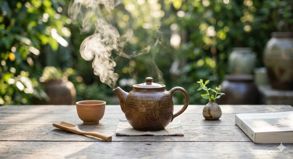 A steaming teapot on a wooden table for a morning tea ritual