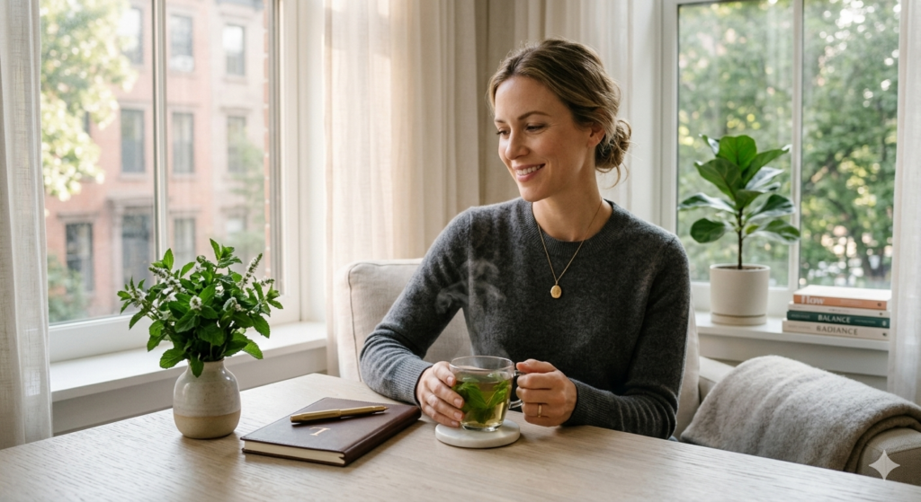 A professional woman enjoying a cup of spearmint tea for hormonal balance and stress relief.