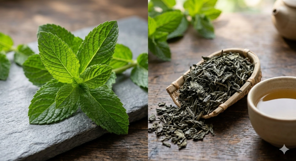 Detailed comparison of fresh and dried spearmint for medicinal tea.