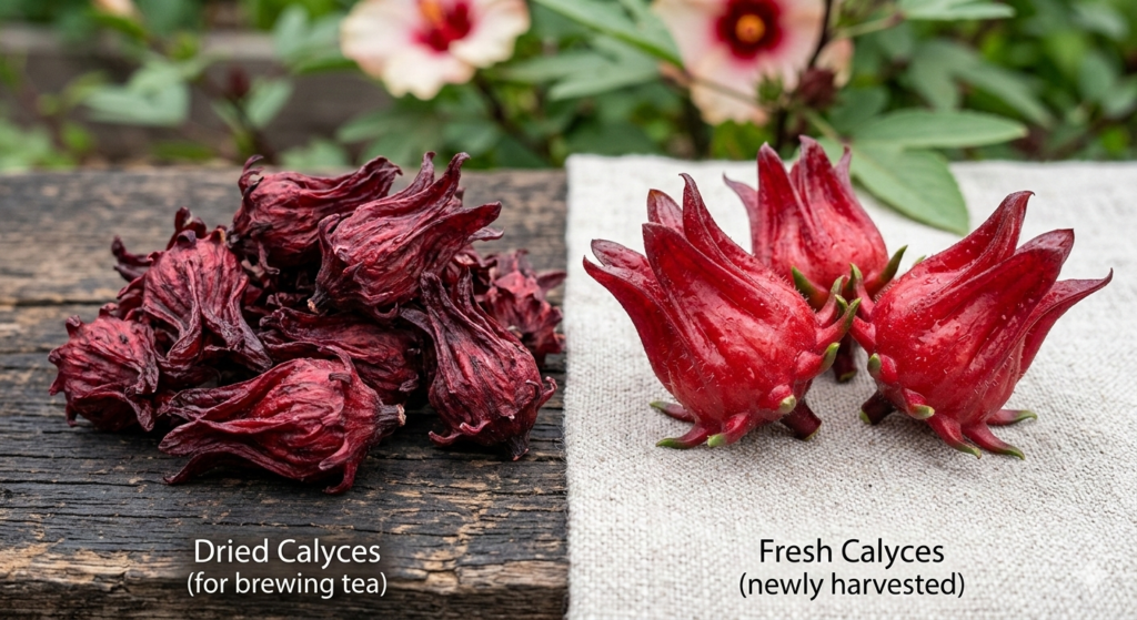 Dried red calyces showing which part of hibiscus is good for tea.