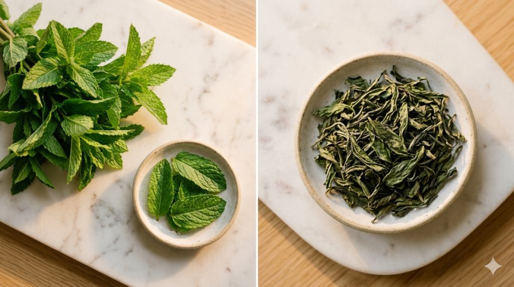 Comparison between fresh spearmint leaves and high-quality dried tea for maximum health benefits.
