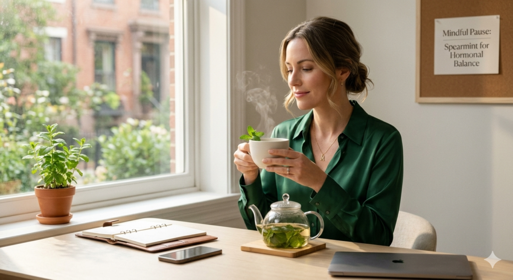 An urban professional woman enjoying a cup of spearmint tea for stress relief.
