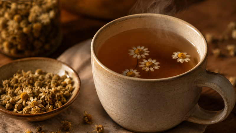 Chamomile tea with dried flowers used for relaxation and better sleep