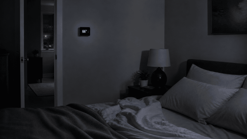 Cozy dark bedroom set to optimal sleep temperature of 65 to 68 degrees Fahrenheit with light bedding