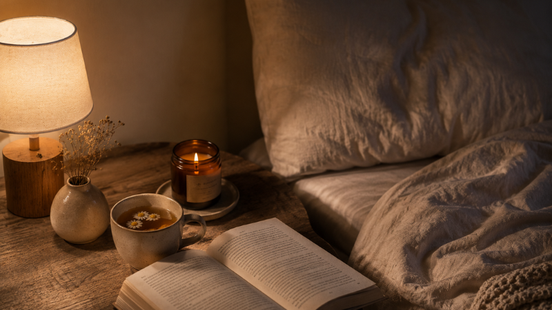 Chamomile tea beside a bed as part of a healthy nighttime routine