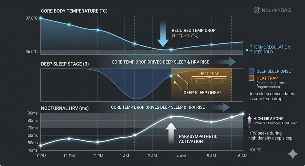 Correlation between core body temperature drop and nocturnal HRV spikes