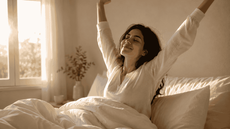 A person waking up naturally in soft morning light without an alarm, stretching gently in bed, representing the gradual improvement of sleep duration and quality