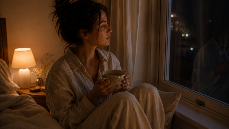 Woman using chamomile tea to relax anxiety before sleep